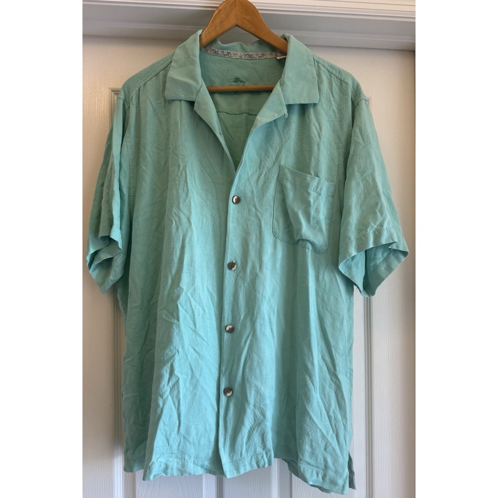 Tommy Bahama Shirt Mens XL Seafoam Green 100% Silk Jacquard Leaf Short Sleeve